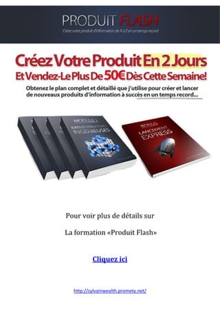 http://sylvainwealth.promety.net/
Pour voir plus de détails sur
La formation «Produit Flash»
Cliquez ici
 