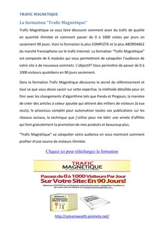 http://sylvainwealth.promety.net/
TRAFIC MAGNETIQUE
La formation “Trafic Magnétique”
Trafic Magnétique va vous faire découvrir comment avoir du trafic de qualité
en quantité illimitée et comment passer de 0 à 1000 visites par jours en
seulement 90 jours. Voici la formation la plus COMPLÈTE et la plus ABORDABLE
du marché francophone sur le trafic Internet. La formation “Trafic Magnétique”
est composée de 6 modules qui vous permettront de catapulter l’audience de
votre site à de nouveaux sommets. L’objectif? Vous permettre de passer de 0 à
1000 visiteurs quotidiens en 90 jours seulement.
Dans la formation Trafic Magnétique découvrez le secret du référencement et
tout ce que vous devez savoir sur cette expertise, la méthode détaillée pour en
finir avec les changements d’algorithme tels que Panda et Pingouin, la manière
de créer des articles à valeur ajoutée qui attirent des milliers de visiteurs (à eux
seuls), le processus complet pour automatiser toutes vos publications sur les
réseaux sociaux, la technique que j’utilise pour me bâtir une armée d’affiliés
qui font gratuitement la promotion de mes produits et beaucoup plus.
“Trafic Magnétique” va catapulter votre audience en vous montrant comment
profiter d’une source de visiteurs illimitée.
Cliquez ici pour téléchargez la formation
 