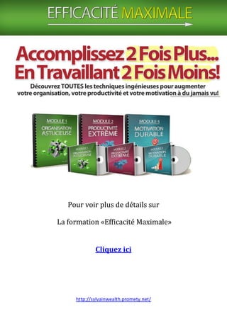 http://sylvainwealth.promety.net/
Pour voir plus de détails sur
La formation «Efficacité Maximale»
Cliquez ici
 