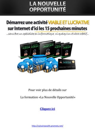 http://sylvainwealth.promety.net/
Pour voir plus de détails sur
La formation «La Nouvelle Opportunité»
Cliquez ici
 