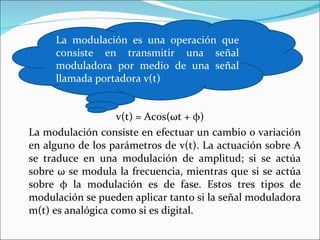 v(t) = Acos( ω t +  φ ) La modulación consiste en efectuar un cambio o variación en alguno de los parámetros de v(t). La actuación sobre A se traduce en una modulación de amplitud; si se actúa sobre ω se modula la frecuencia, mientras que si se actúa sobre φ la modulación es de fase. Estos tres tipos de modulación se pueden aplicar tanto si la señal moduladora m(t) es analógica como si es digital. La modulación es una operación que consiste en transmitir una señal moduladora por medio de una señal llamada portadora v(t) 