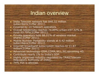 Indian overview
India Telecom network has 846.32 million
subscribers(31Mar 2011).
Covered by 14 Telecom operators.
Overall teledensity reaches 70.89%;urban-157.32% &
                            70.89%;urban-
rural-
rural-33.79%(31Mar 2011).
Private operators hold 88.01% of wireless market
share((31Mar 2011).
Mobile Number Portability stands at 6.42 million
subscribers(31Mar 2011).
Internet broadband subscription reaches to 11.87
million(31Mar 2011).
Advanced technology-GSM,CDMA,WLL,3G,upcoming 4G.
           technology-
Contribute nearly 1% to India’s GDP.
Highly organized industry;regulated by TRAI(Telecom
Regulatory Authority of India).
74% FDI is allowed.
 