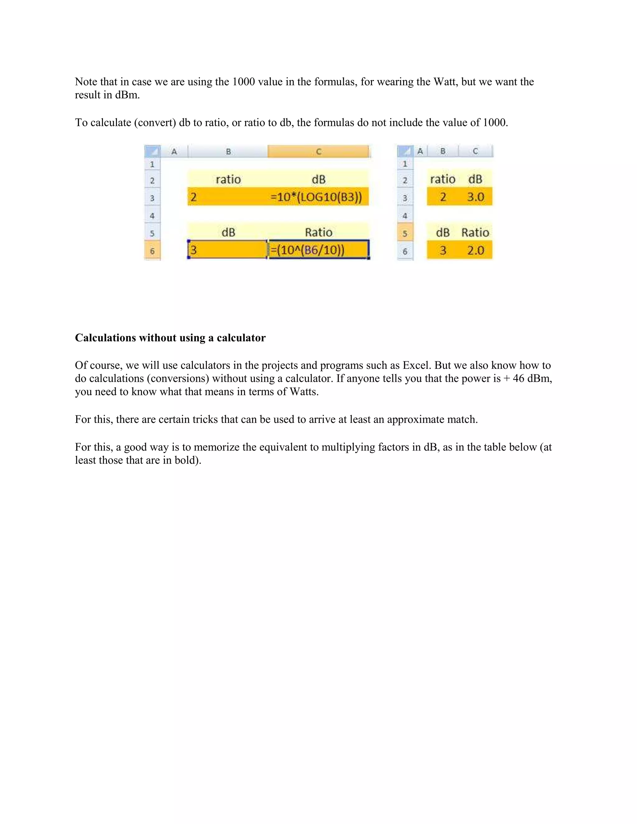 Note that in case we are using the 1000 value in the formulas, for wearing the Watt, but we want the
result in dBm.

To calculate (convert) db to ratio, or ratio to db, the formulas do not include the value of 1000.




Calculations without using a calculator

Of course, we will use calculators in the projects and programs such as Excel. But we also know how to
do calculations (conversions) without using a calculator. If anyone tells you that the power is + 46 dBm,
you need to know what that means in terms of Watts.

For this, there are certain tricks that can be used to arrive at least an approximate match.

For this, a good way is to memorize the equivalent to multiplying factors in dB, as in the table below (at
least those that are in bold).
 