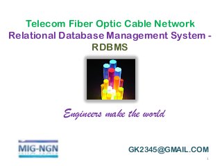 Telecom Fiber Optic Cable Network
Relational Database Management System RDBMS

Engineers make the world
GK2345@GMAIL.COM
1

 