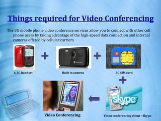 Things required for Video Conferencing
The 3G mobile phone video conference services allow you to connect with other cell
phone users by taking advantage of the high-speed data connection and internal
cameras offered by cellular carriers
A 3G handset Built in camera 3G SIM card
Video conferencing client - SkypeVideo Conferencing
 