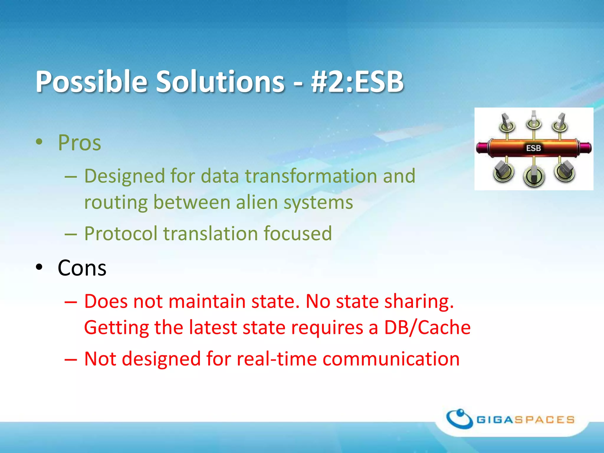 Possible Solutions - #2:ESB
• Pros
  – Designed for data transformation and
    routing between alien systems
  – Protocol translation focused
• Cons
  – Does not maintain state. No state sharing.
    Getting the latest state requires a DB/Cache
  – Not designed for real-time communication
 
