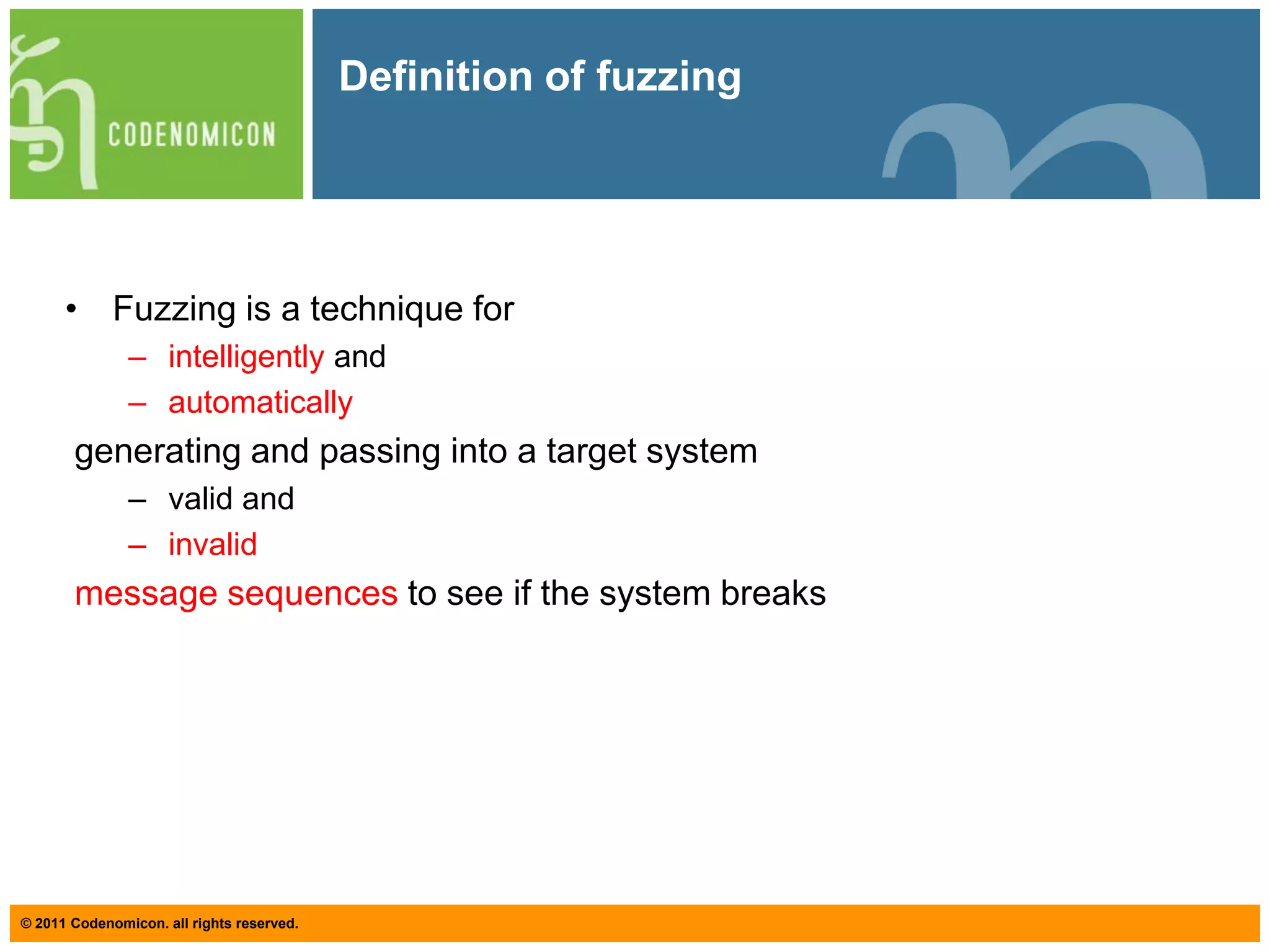 Robustness testingRobustness testing: testing if a system is able to function in a reasonable manner under unexpected or invalid circumstancesE.g. not crash, no unauthorized privilege escalation, no confidential data exposure etc.   