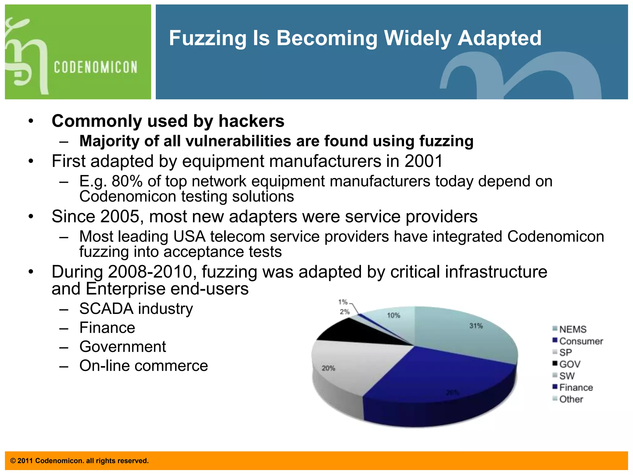 Definition of fuzzingFuzzing is a technique for intelligently and automatically generating and passing into a target system valid and invalid  message sequences to see if the system breaks