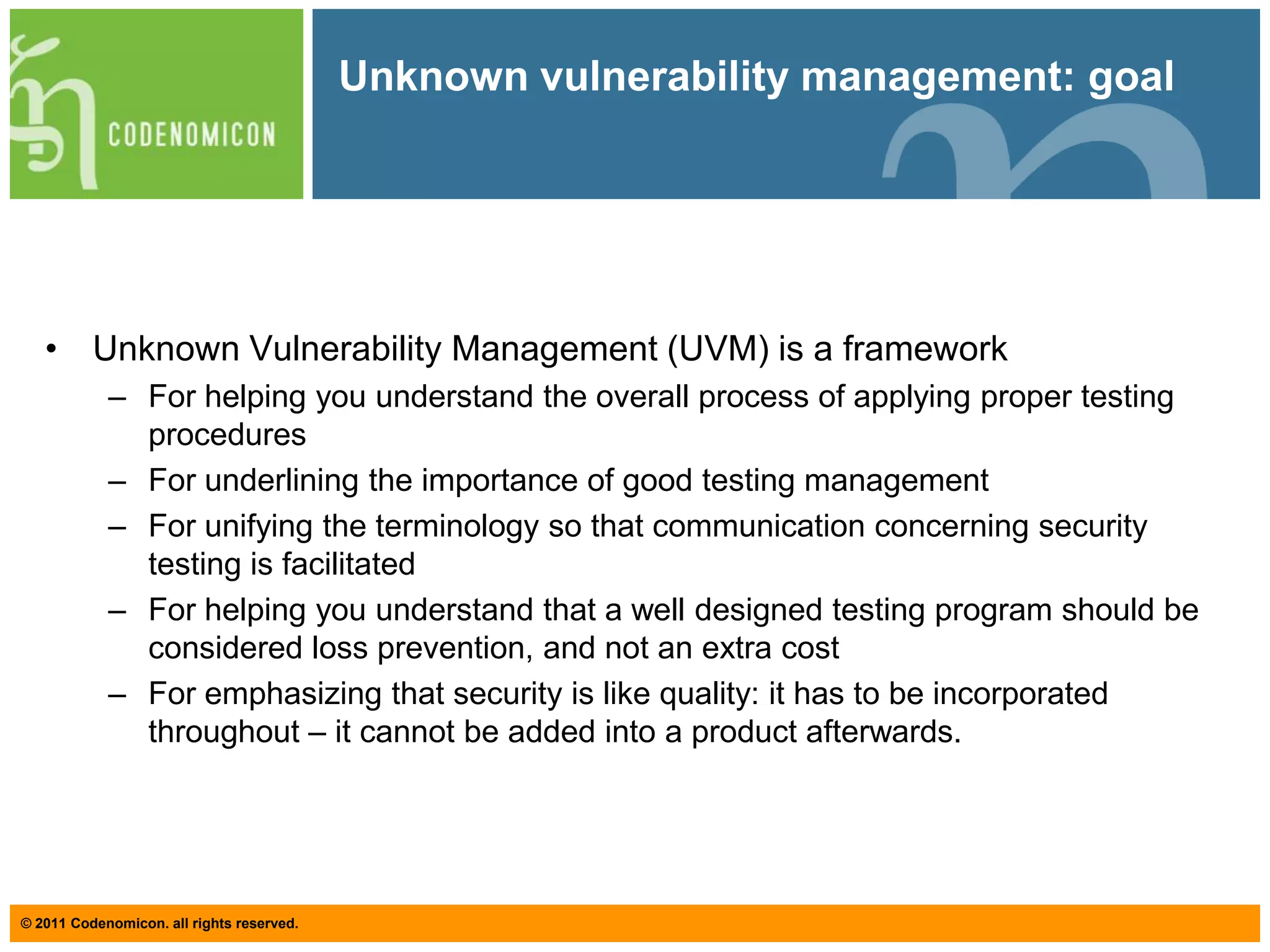 Types of fuzzingRandom fuzzingApple 1980’sBarton P. Miller 1980’s, 1990’sTemplate based fuzzingCapture traffic OR use sample files OR...  create mutated test casesSpecification based fuzzingModel the specification, inject anomalies, transmit to target system
