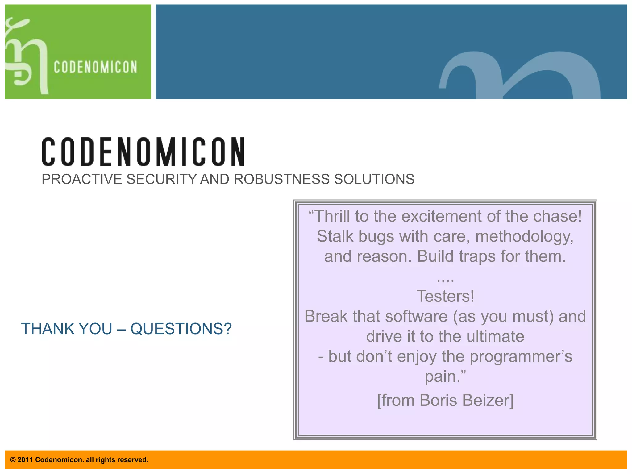 UVM: Conclusion (1/2)Vulnerability management in not about known vulnerabilities, and testing all of themThe solution is to find unknown vulnerabilities that are relevant to youAll critical devices and systems need testingDatabases and backend systemsOperator’s network and broadcasting infrastructureWeb service infrastructureEmail and VPNMobile handsetsShare information between R&D and IT teams on best practices and tools