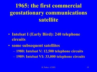 R. Parker - CERN 19
1965: the first commercial
geostationary communications
satellite
• Intelsat I (Early Bird): 240 telephone
circuits
• some subsequent satellites
– 1980: Intelsat V: 12,500 telephone circuits
– 1989: Intelsat VI: 33,000 telephone circuits
 