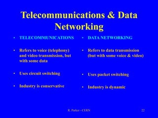R. Parker - CERN 22
Telecommunications & Data
Networking
• TELECOMMUNICATIONS
• Refers to voice (telephony)
and video transmission, but
with some data
• Uses circuit switching
• Industry is conservative
• DATA NETWORKING
• Refers to data transmission
(but with some voice & video)
• Uses packet switching
• Industry is dynamic
 