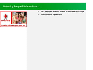 Detecting Pre-paid Balance Fraud . . .
? Track employees with high number of manual balance change
? Subscribers with high balances
 