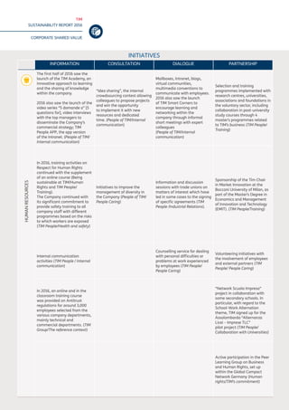 TIM
SUSTAINABILITY REPORT 2016
CORPORATE SHARED VALUE
60
INFORMATION CONSULTATION DIALOGUE PARTNERSHIP
The first half of 2016 saw the
launch of the TIM Academy, an
innovative approach to learning
and the sharing of knowledge
within the company.
2016 also saw the launch of the
video series “5 domande a” [5
questions for], video interviews
with the top managers to
disseminate the Company’s
commercial strategy; TIM
People APP, the app version
of the Intranet. (People of TIM/
Internal communication)
“Idea sharing”, the internal
crowdsourcing contest allowing
colleagues to propose projects
and win the opportunity
to implement it with new
resources and dedicated
time. (People of TIM/Internal
communication)
Mailboxes, Intranet, blogs,
virtual communities,
multimedia conventions to
communicate with employees.
2016 also saw the launch
of TIM Smart Corners to
encourage learning and
networking within the
company through informal
short meetings with expert
colleagues
(People of TIM/Internal
communication)
Selection and training
programmes implemented with
research centres, universities,
associations and foundations in
the voluntary sector, including
collaboration in post-university
study courses through 4
master’s programmes related
to TIM’s business (TIM People/
Training)
In 2016, training activities on
Respect for Human Rights
continued with the supplement
of an online course (Being
sustainable at TIM/Human
Rights and TIM People/
Training).
The Company continued with
its significant commitment to
provide safety training to all
company staff with different
programmes based on the risks
to which workers are exposed
(TIM People/Health and safety)
Initiatives to improve the
management of diversity in
the Company (People of TIM/
People Caring)
Information and discussion
sessions with trade unions on
matters of interest which have
led in some cases to the signing
of specific agreements (TIM
People /Industrial Relations).
Sponsorship of the Tim Chair
in Market Innovation at the
Bocconi University of Milan, as
part of the Master’s Degree in
Economics and Management
of Innovation and Technology
(EMIT). (TIM People/Training)
Internal communication
activities (TIM People / Internal
communication)
Counselling service for dealing
with personal difficulties or
problems at work experienced
by employees (TIM People/
People Caring)
Volunteering initiatives with
the involvement of employees
and external partners (TIM
People/ People Caring)
In 2016, an online and in the
classroom training course
was provided on Antitrust
regulations for around 3,000
employees selected from the
various company departments,
mainly technical and
commercial departments. (TIM
Group/The reference context)
“Network Scuola Impresa”
project in collaboration with
some secondary schools. In
particular, with regard to the
School-Work Alternation
theme, TIM signed up for the
Assolombarda “Alternanza
Licei – Imprese TLC”
pilot project (TIM People/
Collaboration with Universities)
Active participation in the Peer
Learning Group on Business
and Human Rights, set up
within the Global Compact
Network Germany (Human
rights/TIM’s commitment)
HUMANRESOURCES
INITIATIVES
 