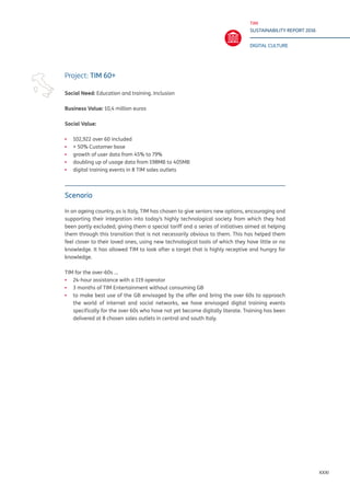 TIM
SUSTAINABILITY REPORT 2016
DIGITAL CULTURE
XXXI
Scenario
In an ageing country, as is Italy, TIM has chosen to give seniors new options, encouraging and
supporting their integration into today’s highly technological society from which they had
been partly excluded; giving them a special tariff and a series of initiatives aimed at helping
them through this transition that is not necessarily obvious to them. This has helped them
feel closer to their loved ones, using new technological tools of which they have little or no
knowledge. It has allowed TIM to look after a target that is highly receptive and hungry for
knowledge.
TIM for the over-60s ...
▪▪ 24-hour assistance with a 119 operator
▪▪ 3 months of TIM Entertainment without consuming GB
▪▪ to make best use of the GB envisaged by the offer and bring the over 60s to approach
the world of internet and social networks, we have envisaged digital training events
specifically for the over 60s who have not yet become digitally literate. Training has been
delivered at 8 chosen sales outlets in central and south Italy.
Project: TIM 60+
Social Need: Education and training. Inclusion	
Business Value: 10,4 million euros
Social Value:
▪▪ 102,922 over 60 included
▪▪ + 50% Customer base
▪▪ growth of user data from 45% to 79%
▪▪ doubling up of usage data from 198MB to 405MB
▪▪ digital training events in 8 TIM sales outlets
 
