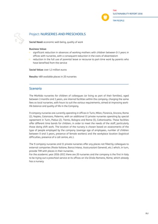 TIM
SUSTAINABILITY REPORT 2016
TIM PEOPLE
XLI
Scenario
The MioNido nurseries for children of colleagues (or living as part of their families), aged
between 3 months and 3 years, are internal facilities within the company, charging the same
fees as local nurseries, with hours to suit the various requirements, aimed at improving work-
life balance and quality of life in the Company.
9 company nurseries are currently operating in offices in Turin, Milan, Florence, Ancona, Rome
(2), Naples, Catanzaro, Palermo, with an additional 11 private nurseries operating by special
agreement in Turin, Padua (2), Trento, Bologna and Rome (5), Caltanissetta. These facilities
offer different time bands for children, in order to meet the needs of the staff, particularly
those doing shift work. The location of the nursery is chosen based on assessments of the
type of people employed by the company (average age of employees, number of children
between 0 and 3 years, presence of female workers) and the workplace location (logistical
difficulties, presence of a call centre, etc.).
The 9 company nurseries and 11 private nurseries offer any places not filled by colleagues to
external companies (Poste Italiane, Banca Intesa, Assicurazioni Generali, etc.) which, in turn,
provide TIM with places in their nurseries.
For the academic year 2016-2017, there are 20 nurseries and the company is the first in Italy
to be trying out a preschool service at its offices on Via Oriolo Romano, Rome, which already
has a nursery.
Project: NURSERIES AND PRESCHOOLS
Social Need: economic well-being, quality of work	
Business Value:
▪▪ significant reduction in absences of working mothers with children between 0-3 years in
offices with nurseries, with a consequent reduction in the costs of absenteeism
▪▪ reduction in the full use of parental leave or recourse to part-time work by parents who
have benefited from the service
Social Value: over 1,3 million euros
Results: 489 available places in 20 nurseries
 
