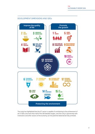 TIM
SUSTAINABILITY REPORT 2016
V
DEVELOPMENT DIMENSIONS AND SDGs
Protecting the environment
The study has highlighted that the ICT sector is capable of contributing to the achievement of
all 17 SDGs and more than half of the 169 detailed targets, and that only in partnership with
institutions and other sectors of the economy can the potential detected be fully achieved.
Improve the quality
of life
Promote
the growth
 