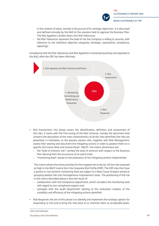 TIM
SUSTAINABILITY REPORT 2016
BEING SUSTAINABLE AT TIM
43
in the creation of value, namely in the pursuit of its strategic objectives1
. It is discussed
and defined annually by the BoD at the sessions held to approve the Business Plan.
The Risk Appetite is broken down into Risk Tolerances;
-- 	the Risk Tolerances represent the level of risk the Company is willing to assume, with
reference to the individual objective categories (strategic, operational, compliance,
reporting)2
.
Compliance with the Risk Tolerances and Risk Appetite is monitored quarterly and reported to
the BoD, after the CRC has been informed.
▪▪ Risk Assessment: this phase covers the identification, definition and assessment of
the risks. It starts with the fine-tuning of the Risk Universe, namely the document that
contains the description of the main characteristics of all the risks identified; the risks are
presented, in interviews, to the process owners who, together with Risk Management,
assess their severity and document the mitigating actions in order to position them on a
specific 3X3 matrix (Risk and Control Panel - R&CP). The matrix dimensions are:
-- the “level of inherent risk”, namely the level of variance with respect to the Business
Plan deriving from the occurrence of an event (risk);
-- “monitoring level”, based on the evaluation of the mitigating actions implemented.
This matrix allows the action priorities for the mapped risks to be set. All the risks assessed
as High in the R&CP matrix form the Corporate Risk Profile (CRP). The CRP risks that have
a partial or non-existent monitoring level are subject to a Root Cause Analysis aimed at
grouping related risks into homogeneous improvement areas. The positioning of the risk
in the matrix described above is also the result of:
-- collaboration with the Compliance department, which considers the monitoring level
with regard to non-compliance aspects and
-- synergies with the Audit Department relating to the evaluation analysis of the
suitability and efficiency of the mitigating actions identified.
▪▪ Risk Response: the aim of this phase is to identify and implement the strategic options for
responding to risk and to bring the risks back to or maintain them at acceptable levels.
1
2013 CoSO Definition
2
According to the CoSO definition
1. Risk Appetite and Risk Tolerance Definition
2. Risk
Assessment
3. Risk
Response
4. Monitoring
Controlling and
Performance
Evaluation
ERM
 
