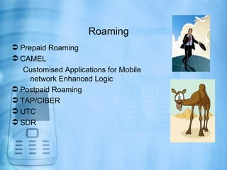Roaming
 Prepaid Roaming
 CAMEL
   Customised Applications for Mobile
    network Enhanced Logic
 Postpaid Roaming
 TAP/CIBER
 UTC
 SDR
 