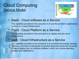 Cloud Computing
Service Model

  • SaaS : Cloud software as a Service
    The capability provided to the consumer is to use the provider’s applications
    running on a cloud infrastructure.

  • PaaS : Cloud Platform as a Service
    The capability provided to the consumer is to deploy onto the cloud
    infrastructure.

  • IaaS : Cloud Infrastructure as a Service
    The capability provided to the consumer is to provision processing, storage,
    networks, and other fundamental computing resources where the consumer
    is able to deploy and run arbitrary software, which can include operating
    systems and applications.
 