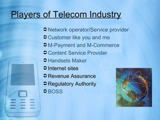Players of Telecom Industry
        Network operator/Service provider
        Customer like you and me
        M-Paymen...