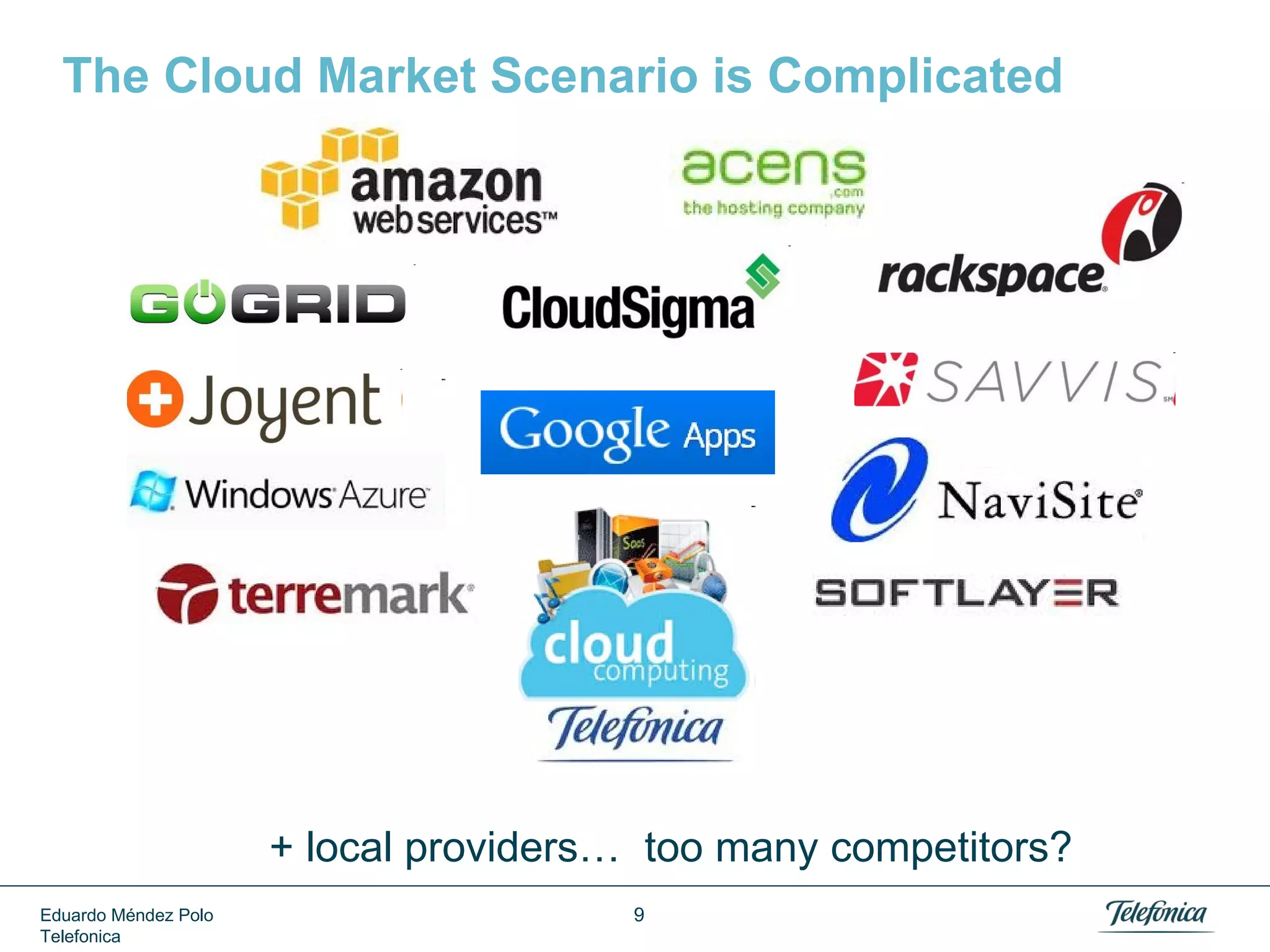 The Cloud Market Scenario is Complicated

+ local providers… too many competitors?
Eduardo Méndez Polo
Telefonica

9

 