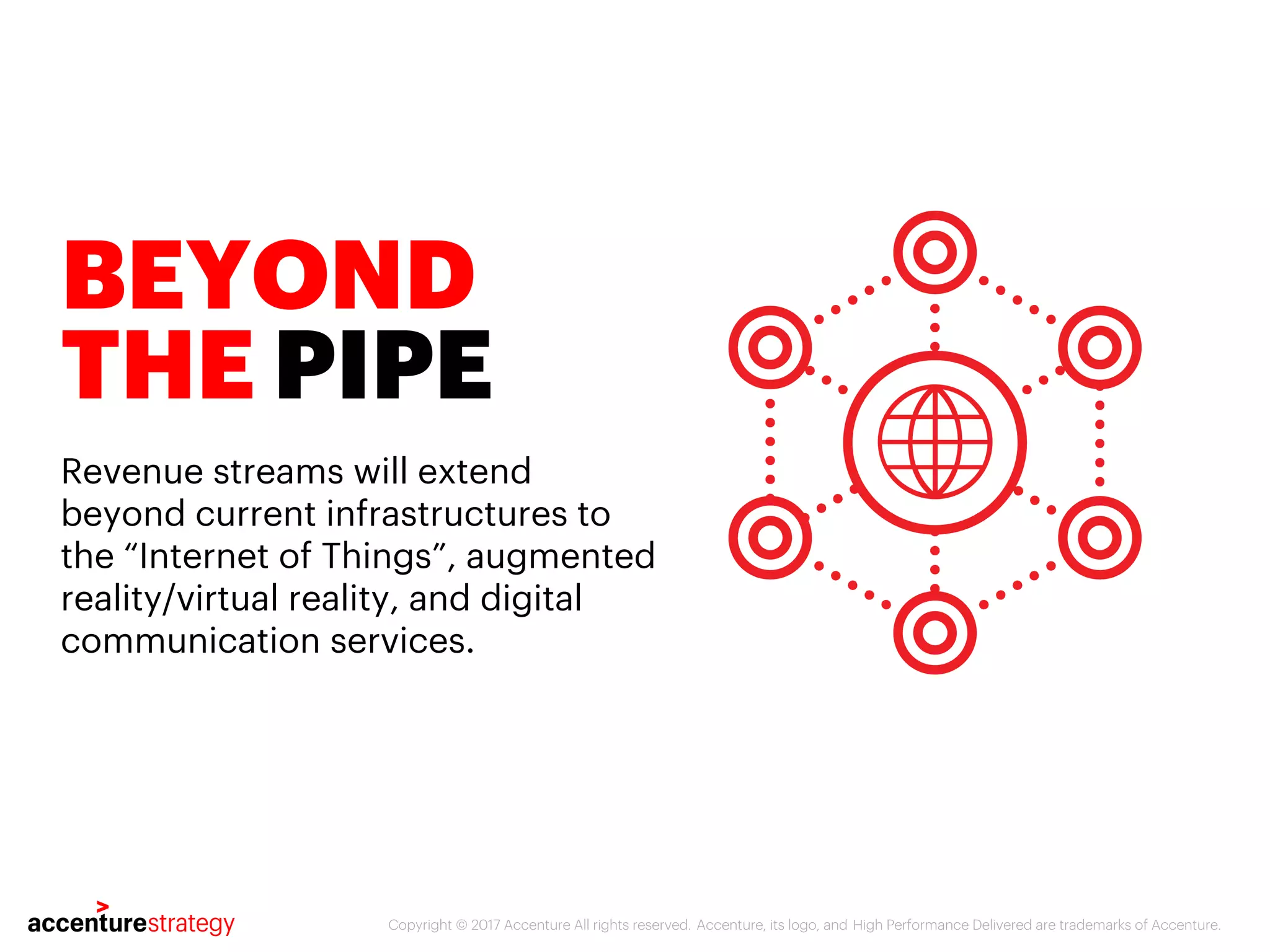 Copyright © 2017 Accenture All rights reserved. Accenture, its logo, and High Performance Delivered are trademarks of Accenture.
BEYOND
THE PIPE
Revenue streams will extend
beyond current infrastructures to
the “Internet of Things”, augmented
reality/virtual reality, and digital
communication services.
 