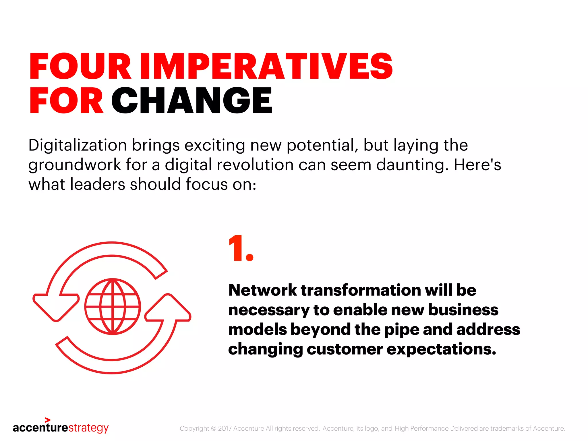Copyright © 2017 Accenture All rights reserved. Accenture, its logo, and High Performance Delivered are trademarks of Accenture.
FOUR IMPERATIVES
FOR CHANGE
Digitalization brings exciting new potential, but laying the
groundwork for a digital revolution can seem daunting. Here's
what leaders should focus on:
Network transformation will be
necessary to enable new business
models beyond the pipe and address
changing customer expectations.
1.
 