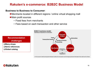 13
Rakuten’s e-commerce: B2B2C Business Model
Business to Business to Consumer:
Merchants located in different regions / online virtual shopping mall
Main profit sources
• Fixed fees from merchants
• Fees based on each transaction and other service
Recommendation
challenges
Many shops
Items references
Global catalog
 