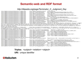 21
Semantic-web and RDF format
Triples: <subject> <relation> <object>
URI: unique identifier
http://dbpedia.org/page/Terminator_2:_Judgment_Day
 