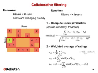 24
Collaborative filtering
User-user
#items < #users
Items are changing quickly
Users
Items
1 3 2
5 2
2 4 1
3 1 5
4 4 1 3
?
1 – Compute users similarities
(cosine-similarity, Pearson)
2 – Weighted average of ratings
Item-item
#items >> #users
 