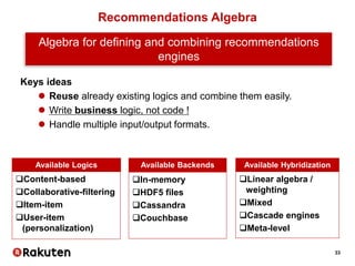 33
Recommendations Algebra
Algebra for defining and combining recommendations
engines
Keys ideas
 Reuse already existing logics and combine them easily.
 Write business logic, not code !
 Handle multiple input/output formats.
Available Logics
Content-based
Collaborative-filtering
Item-item
User-item
(personalization)
Available Backends
In-memory
HDF5 files
Cassandra
Couchbase
Available Hybridization
Linear algebra /
weighting
Mixed
Cascade engines
Meta-level
 