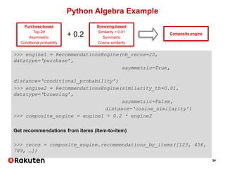 34
Python Algebra Example
Purchase-based
Top-20
Asymmetric
Conditional probability
Browsing-based
Similarity > 0.01
Symmetric
Cosine similarity
+ 0.2 Composite engine
>>> engine1 = RecommendationsEngine(nb_recos=20,
datatype=‘purchase’,
asymmetric=True,
distance=‘conditional_probability’)
>>> engine2 = RecommendationsEngine(similarity_th=0.01,
datatype=‘browsing’,
asymmetric=False,
distance=‘cosine_similarity’)
>>> composite_engine = engine1 + 0.2 * engine2
Get recommendations from items (item-to-item)
>>> recos = composite_engine.recommendations_by_items([123, 456,
789, …])
 