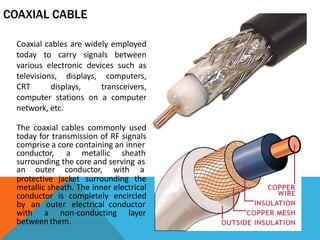 COAXIAL CABLE
Coaxial cables are widely employed
today to carry signals between
various electronic devices such as
televisions, displays, computers,
CRT displays, transceivers,
computer stations on a computer
network, etc.
The coaxial cables commonly used
today for transmission of RF signals
comprise a core containing an inner
conductor, a metallic sheath
surrounding the core and serving as
an outer conductor, with a
protective jacket surrounding the
metallic sheath. The inner electrical
conductor is completely encircled
by an outer electrical conductor
with a non-conducting layer
between them.
 