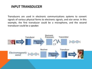 INPUT TRANSDUCER
Transducers are used in electronic communications systems to convert
signals of various physical forms to electronic signals, and vice versa. In this
example, the first transducer could be a microphone, and the second
transducer could be a speaker.
 