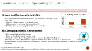 http://www.deloitte.com/assets/Dcom-
India/Local%20Assets/Documents/Thoughtware/2014/Telecom_Enabling_growth_and_serving_the_masses.pdf
Trends in Telecom- Spreading Education
Market size of Indian education sector is expected to increase to 6024.1 billion by FY15
74.04
83.4
65
70
75
80
85
90
India World
Literacy Rate 2011(%)Telecom enabled access to education
• Access to education in the remote areas via interactive learning – audio
and video
• Improve subject coverage as well as delivery
• Help students in accessing the content directly
• Help teachers in developing their skills and knowledge
The Emerging promise of m-education
• Educational e-Books and e-Courses
• Game-or Simulation-based learning tools
• “English Seekho” (Learn English) one of the service offered by Tata DoCoMo
• Students can access that anytime, anywhere and allowing them to learn at an independent pace
• Customisation of instructions and adjustment of difficulty levels by tracking responses to several different
questions
 
