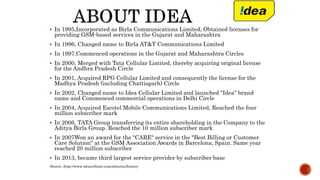 In 1995,Incorporated as Birla Communications Limited, Obtained licenses for
providing GSM-based services in the Gujarat and Maharashtra
 In 1996, Changed name to Birla AT&T Communications Limited
 In 1997,Commenced operations in the Gujarat and Maharashtra Circles
 In 2000, Merged with Tata Cellular Limited, thereby acquiring original license
for the Andhra Pradesh Circle
 In 2001, Acquired RPG Cellular Limited and consequently the license for the
Madhya Pradesh (including Chattisgarh) Circle
 In 2002, Changed name to Idea Cellular Limited and launched "Idea" brand
name and Commenced commercial operations in Delhi Circle
 In 2004, Acquired Escotel Mobile Communications Limited, Reached the four
million subscriber mark
 In 2006, TATA Group transferring its entire shareholding in the Company to the
Aditya Birla Group. Reached the 10 million subscriber mark
 In 2007Won an award for the "CARE" service in the "Best Billing or Customer
Care Solution" at the GSM Association Awards in Barcelona, Spain. Same year
reached 20 million subscriber
 In 2013, became third largest service provider by subscriber base
Source :http://www.ideacellular.com/aboutus/history
 