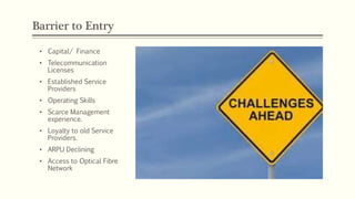 Barrier to Entry
• Capital/ Finance
• Telecommunication
Licenses
• Established Service
Providers
• Operating Skills
• Scarce Management
experience.
• Loyalty to old Service
Providers.
• ARPU Declining
• Access to Optical Fibre
Network
 