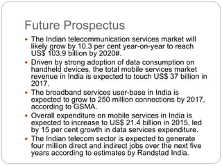 Future Prospectus
 The Indian telecommunication services market will
likely grow by 10.3 per cent year-on-year to reach
US$ 103.9 billion by 2020#.
 Driven by strong adoption of data consumption on
handheld devices, the total mobile services market
revenue in India is expected to touch US$ 37 billion in
2017.
 The broadband services user-base in India is
expected to grow to 250 million connections by 2017,
according to GSMA.
 Overall expenditure on mobile services in India is
expected to increase to US$ 21.4 billion in 2015, led
by 15 per cent growth in data services expenditure.
 The Indian telecom sector is expected to generate
four million direct and indirect jobs over the next five
years according to estimates by Randstad India.
 