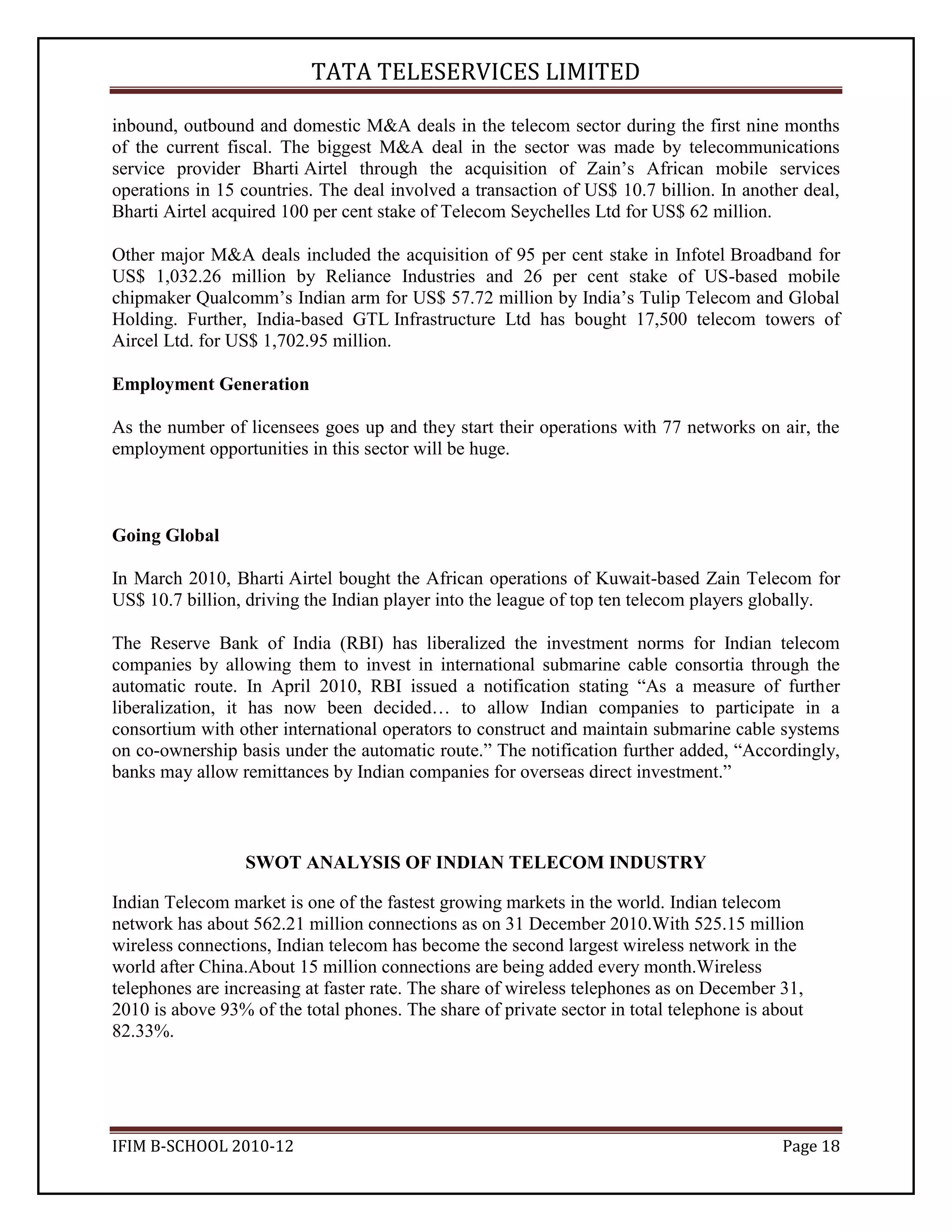 Tata Teleservices Industry Analysis