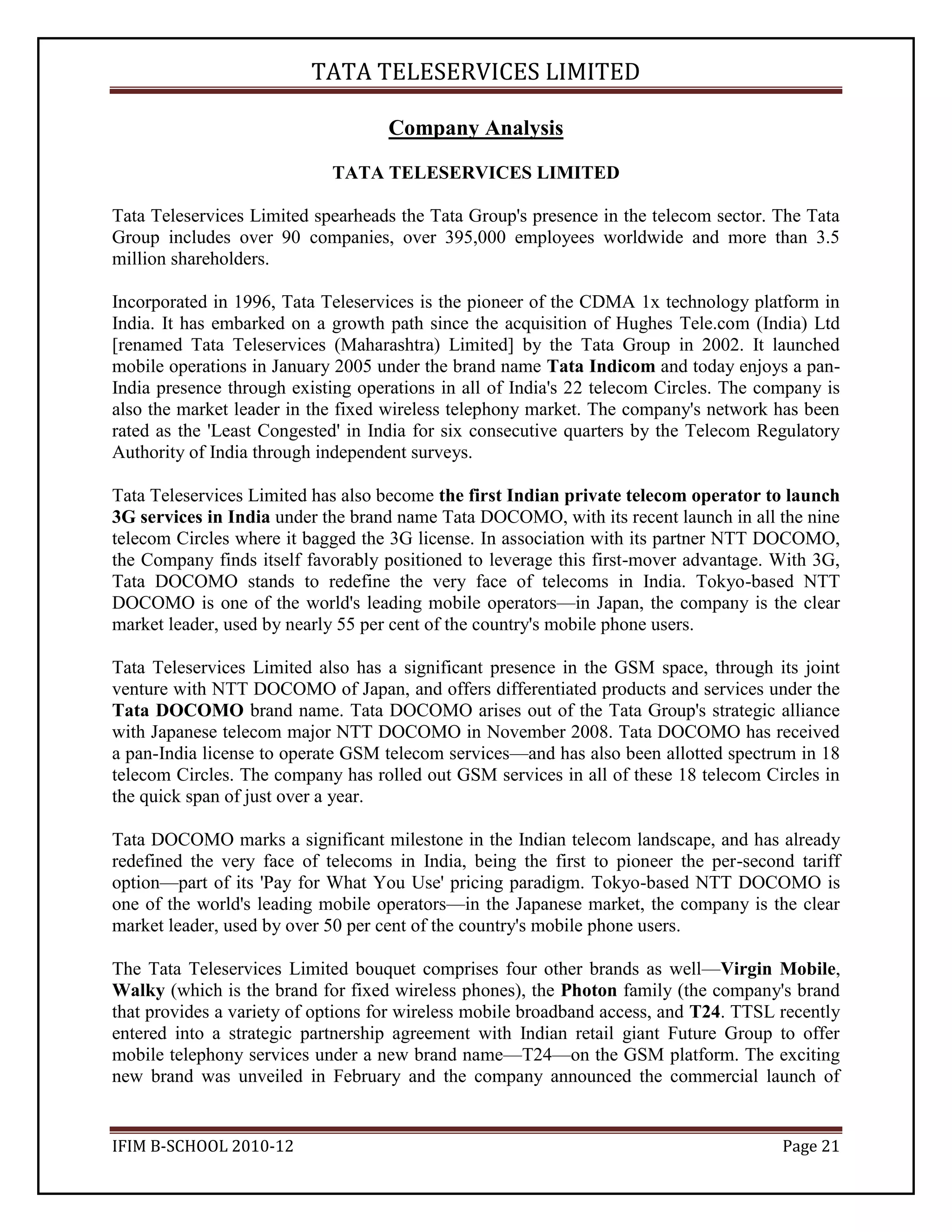 Tata Teleservices Industry Analysis