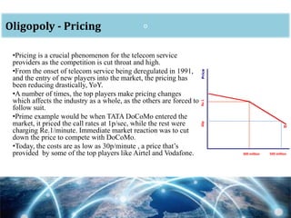 oOligopoly - Pricing
•Pricing is a crucial phenomenon for the telecom service
providers as the competition is cut throat and high.
•From the onset of telecom service being deregulated in 1991,
and the entry of new players into the market, the pricing has
been reducing drastically, YoY.
•A number of times, the top players make pricing changes
which affects the industry as a whole, as the others are forced to
follow suit.
•Prime example would be when TATA DoCoMo entered the
market, it priced the call rates at 1p/sec, while the rest were
charging Re.1/minute. Immediate market reaction was to cut
down the price to compete with DoCoMo.
•Today, the costs are as low as 30p/minute , a price that’s
provided by some of the top players like Airtel and Vodafone.
Re.1
300 million
60p
500 million
 