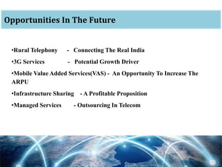 oOpportunities In The Future
•Rural Telephony - Connecting The Real India
•3G Services - Potential Growth Driver
•Mobile Value Added Services(VAS) - An Opportunity To Increase The
ARPU
•Infrastructure Sharing - A Profitable Proposition
•Managed Services - Outsourcing In Telecom
 