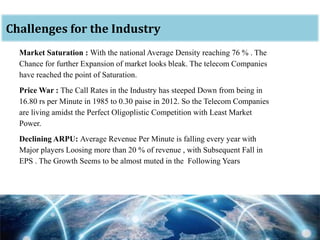 oChallenges for the Industry
Market Saturation : With the national Average Density reaching 76 % . The
Chance for further Expansion of market looks bleak. The telecom Companies
have reached the point of Saturation.
Price War : The Call Rates in the Industry has steeped Down from being in
16.80 rs per Minute in 1985 to 0.30 paise in 2012. So the Telecom Companies
are living amidst the Perfect Oligoplistic Competition with Least Market
Power.
Declining ARPU: Average Revenue Per Minute is falling every year with
Major players Loosing more than 20 % of revenue , with Subsequent Fall in
EPS . The Growth Seems to be almost muted in the Following Years
 