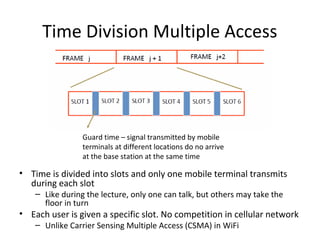 Time Division Multiple Access
• Time is divided into slots and only one mobile terminal transmits
during each slot
– Like during the lecture, only one can talk, but others may take the
floor in turn
• Each user is given a specific slot. No competition in cellular network
– Unlike Carrier Sensing Multiple Access (CSMA) in WiFi
Guard time – signal transmitted by mobile
terminals at different locations do no arrive
at the base station at the same time
 