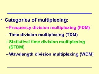 • Categories of multiplexing:
–Frequency division multiplexing (FDM)
–Time division multiplexing (TDM)
–Statistical time division multiplexing
(STDM)
–Wavelength division multiplexing (WDM)
 