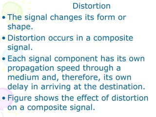 Distortion
• The signal changes its form or
shape.
• Distortion occurs in a composite
signal.
• Each signal component has its own
propagation speed through a
medium and, therefore, its own
delay in arriving at the destination.
• Figure shows the effect of distortion
on a composite signal.
 