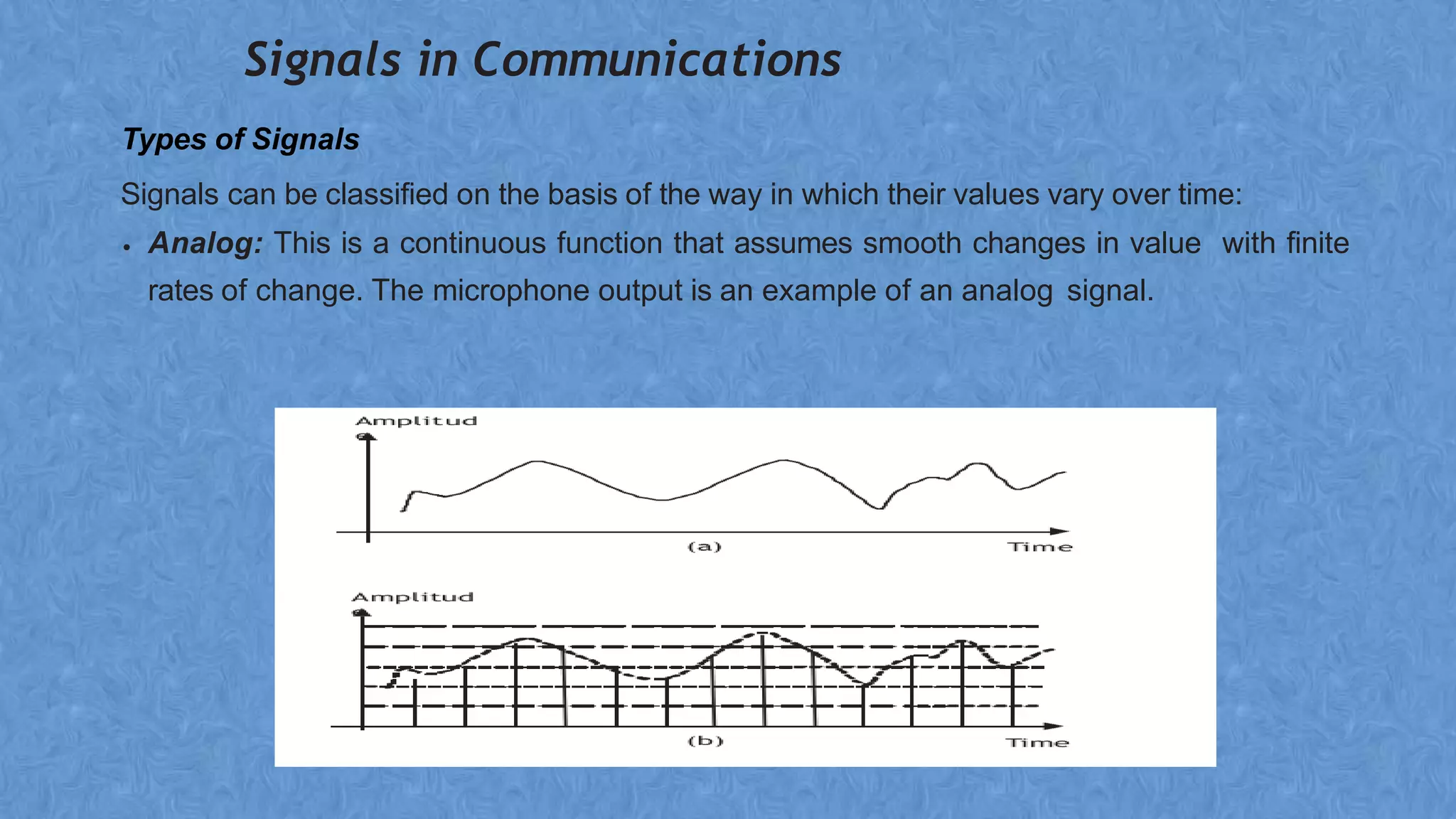 Signals in Communications
Types of Signals
Signals can be classified on the basis of the way in which their values vary over time:
• Analog: This is a continuous function that assumes smooth changes in value with finite
rates of change. The microphone output is an example of an analog signal.
 