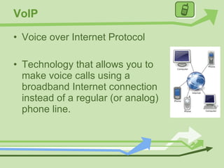 VoIP Voice over Internet Protocol Technology that allows you to make voice calls using a broadband Internet connection instead of a regular (or analog) phone line. 