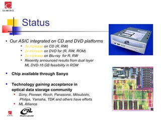 Status
• Our ASIC integrated on CD and DVD platforms
            3x increase on CD (R, RW)
            2x increase on DVD for (R, RW, ROM)
            2x increase on Blu-ray for R, RW
            Recently announced results from dual layer
             ML DVD-16 GB feasibility in ROM

   Chip available through Sanyo

   Technology gaining acceptance in
    optical data storage community
       Sony, Pioneer, Ricoh, Panasonic, Mitsubishi,
        Philips, Yamaha, TDK and others have efforts
       ML Alliance
 